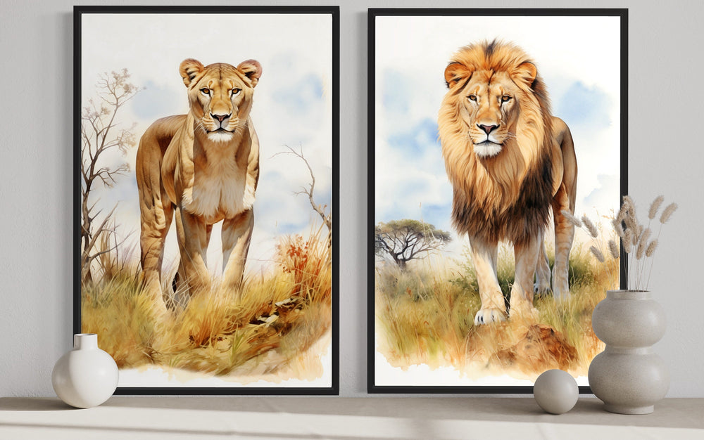 Set of 2 Lion And Lioness In Safari Framed Canvas Wall Art close up