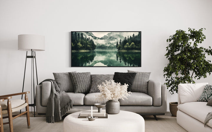 Mirror Lake And Mountains Emerald Green Nature Canvas Wall Art in living room