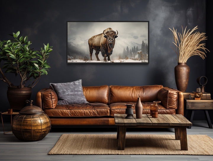 American Bison In Snow Painting Framed Man Cave Canvas Wall Art above couch