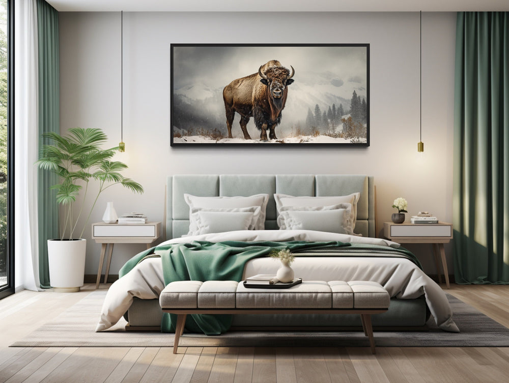 American Bison In Snow Painting Framed Man Cave Canvas Wall Art