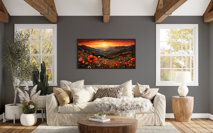 Mountain Valley Flowers Sunset Landscape Framed Canvas Wall Art above beige couch