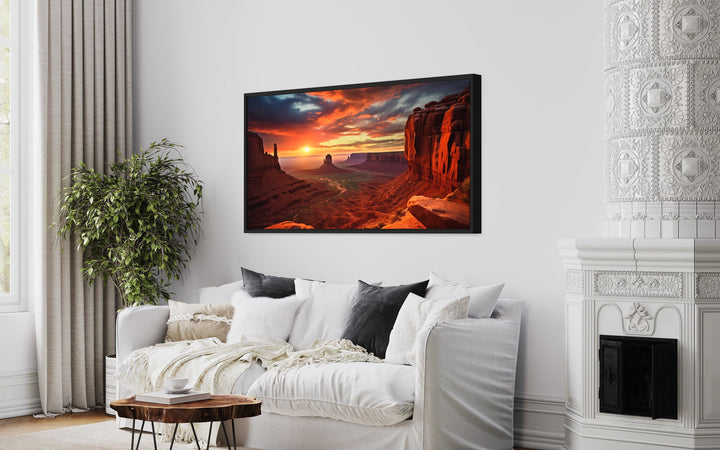 Monument Valley Sunset Photo Style Framed Canvas Wall Art above couch