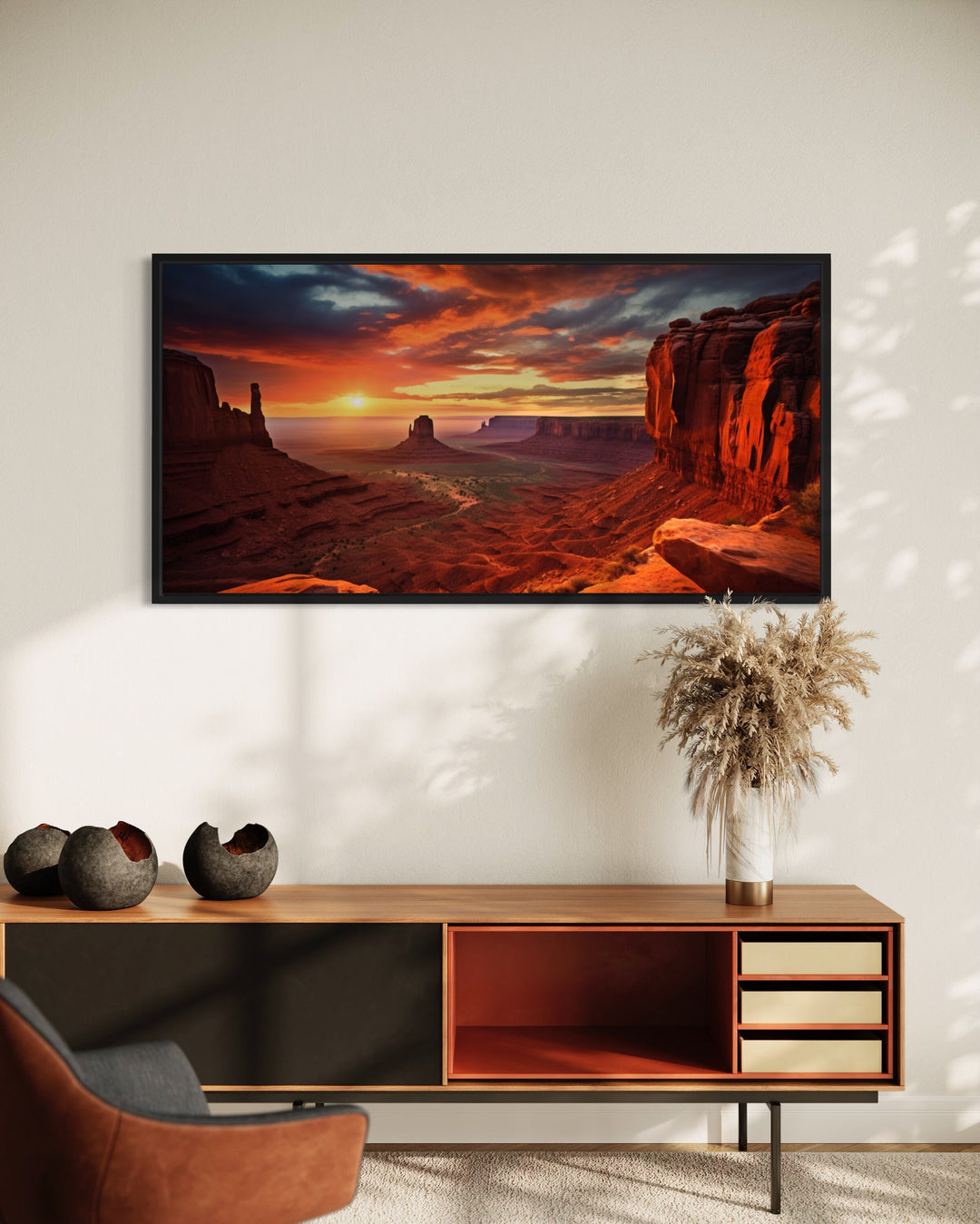 Monument Valley Sunset Photo Style Framed Canvas Wall Art in living room