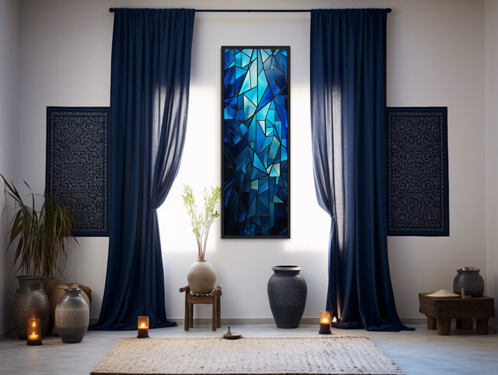 Long Narrow Navy Blue Kaleidoscope Mosaic Abstract Vertical Wall Art between navy blue curtains