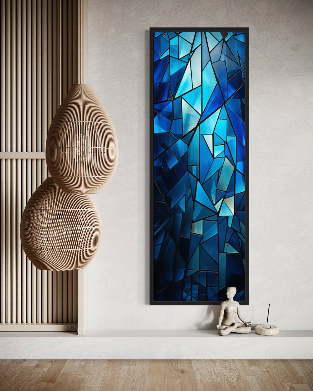 Long Narrow Navy Blue Kaleidoscope Mosaic Abstract Vertical Wall Art close up view