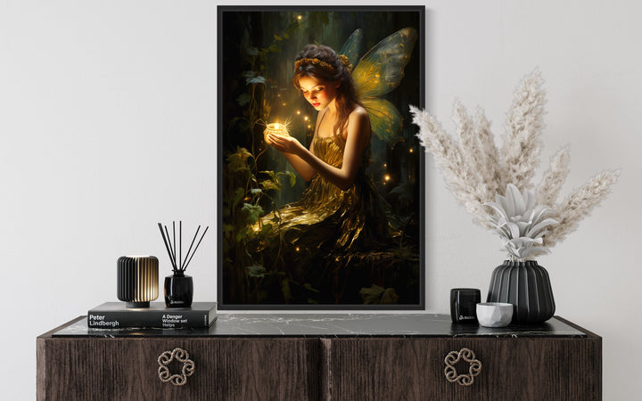 Beautiful Forest Fairy With Firefly Framed Canvas Wall Art