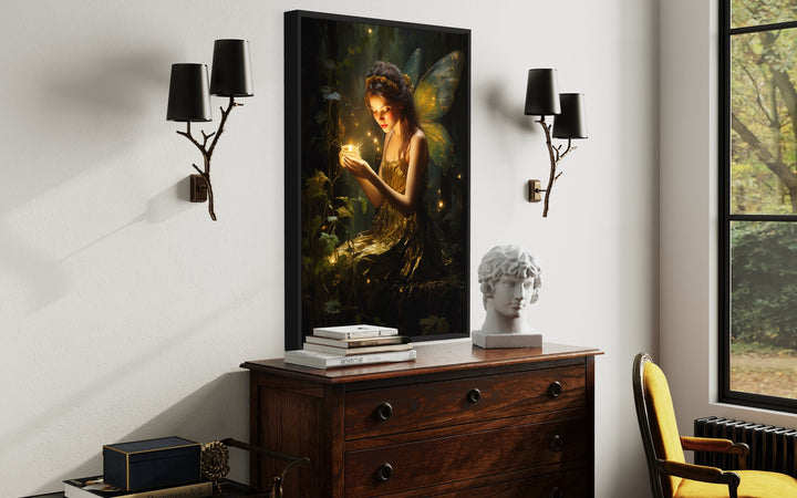 Beautiful Forest Fairy With Firefly Framed Canvas Wall Art above table