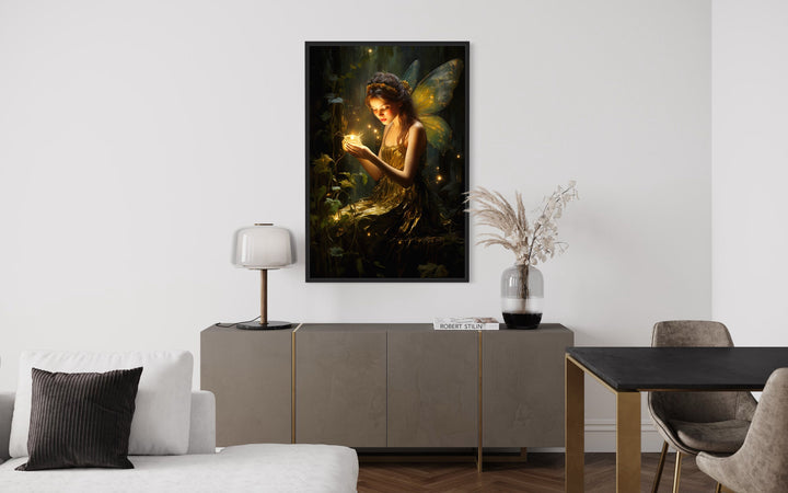 Beautiful Forest Fairy With Firefly Framed Canvas Wall Art in bedroom