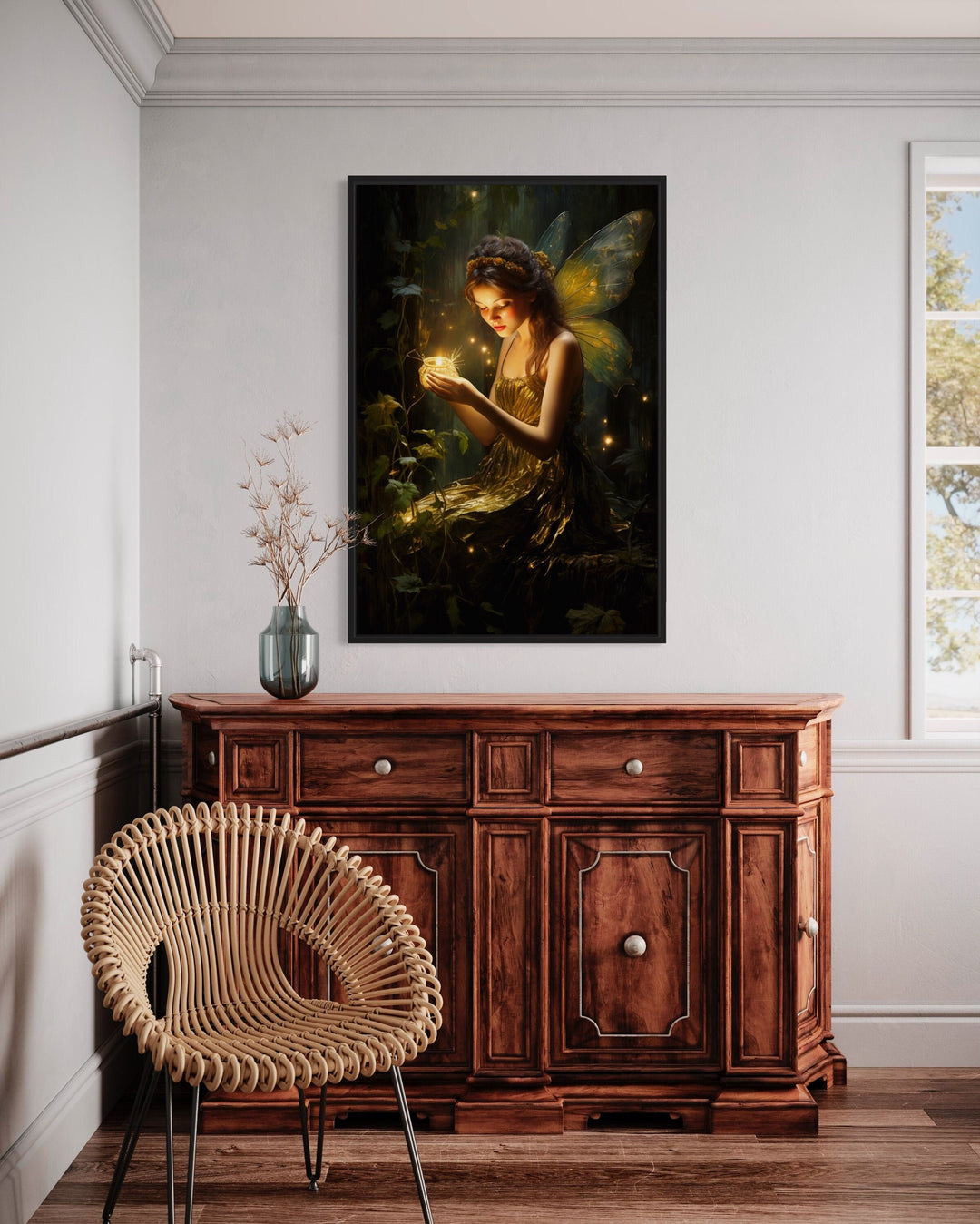 Beautiful Forest Fairy With Firefly Framed Canvas Wall Art