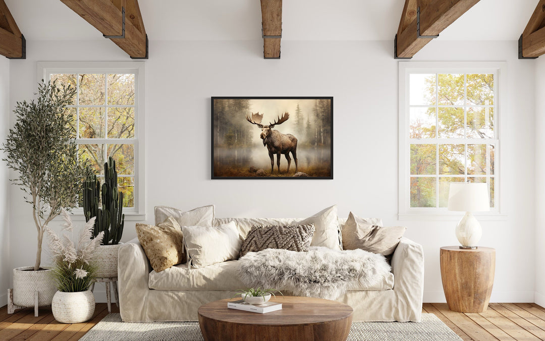 Moose in Foggy Forest Wall Art over beige couch