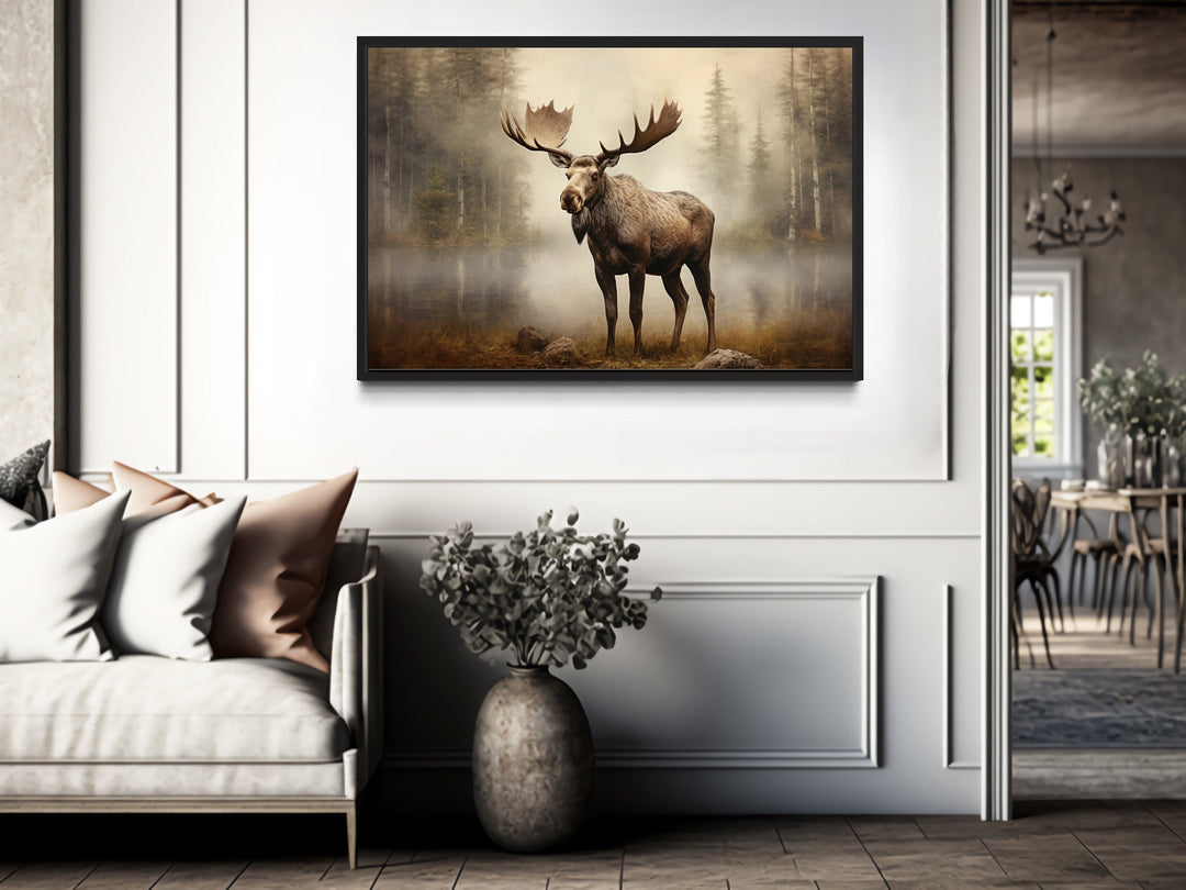 Moose in Foggy Forest Wall Art in rustic house