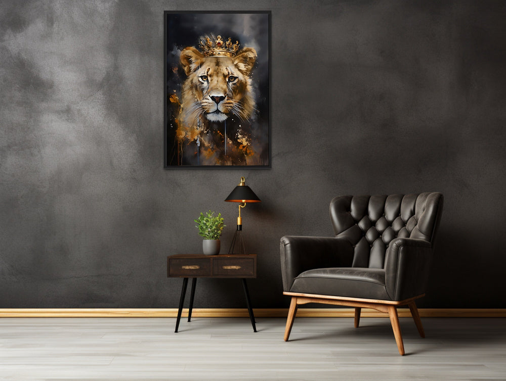 Black Gold Lioness Queen With Crown Wall Art in modern office