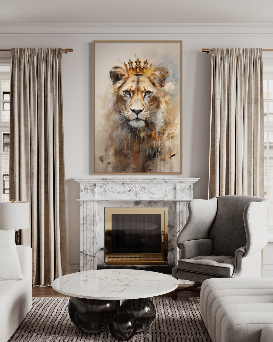 Lioness Queen With Crown Beige Gold Framed Canvas Wall Art
