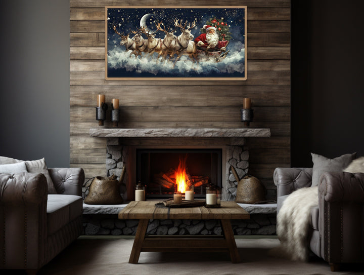 Santa Claus Flying in Sleigh With Reindeer Christmas Eve Wall Art above fireplace