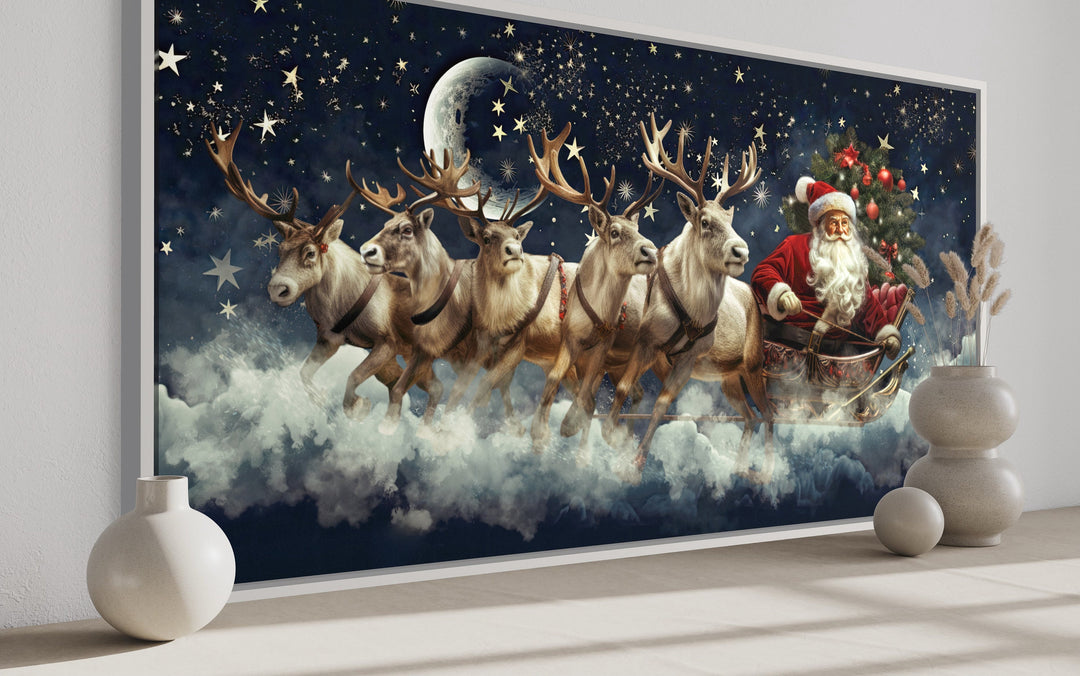 Santa Claus Flying in Sleigh With Reindeer Christmas Eve Wall Art side view