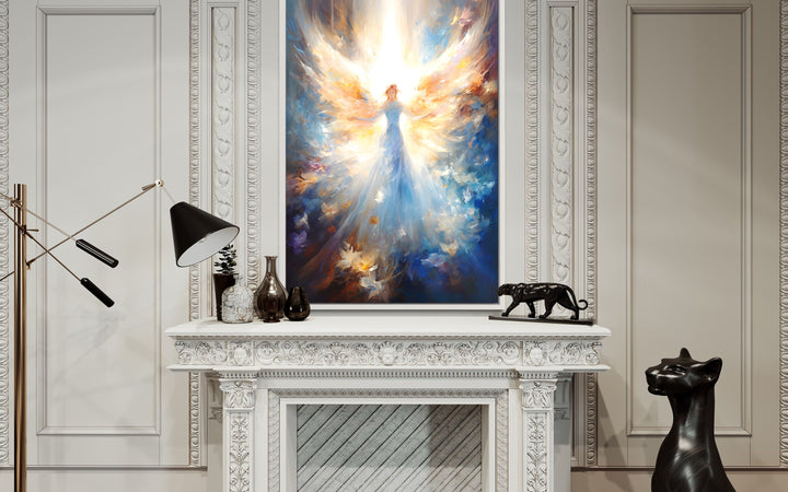 Angel In Blue Heavenly Light Framed Canvas Wall Art above mantel