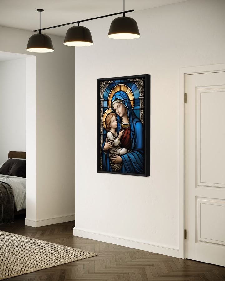 Maria With Baby Jesus Stained Glass Style Framed Canvas Wall Art in living room