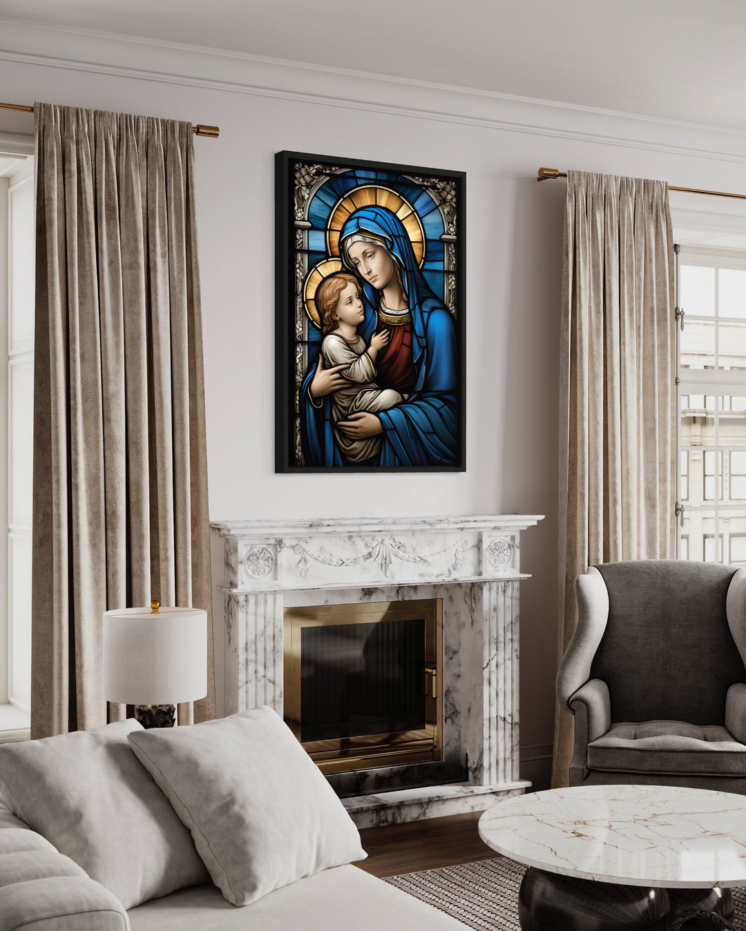 Maria With Baby Jesus Stained Glass Style Framed Canvas Wall Art above fireplace