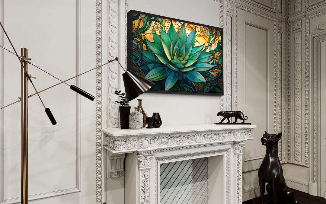 a white fireplace with a Agave Plant In Arizona Desert Wall Art in on the mantle