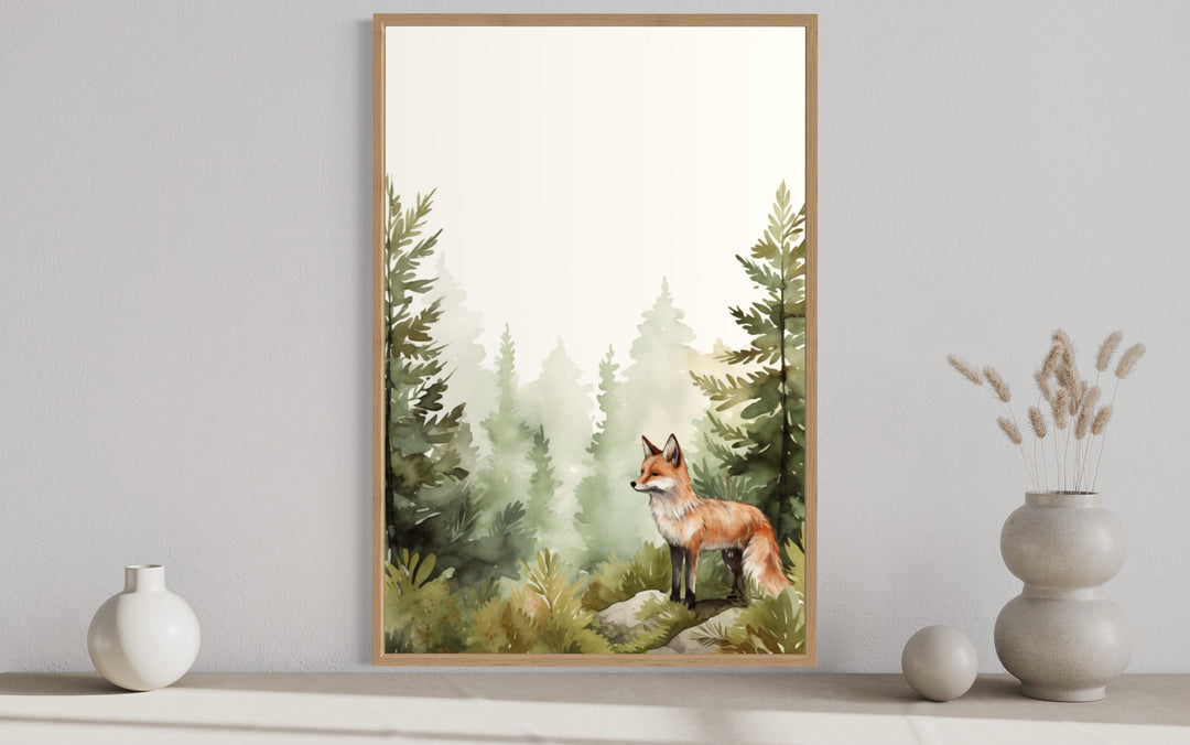 Fox In The Forest Watercolor Framed Canvas Wall Art