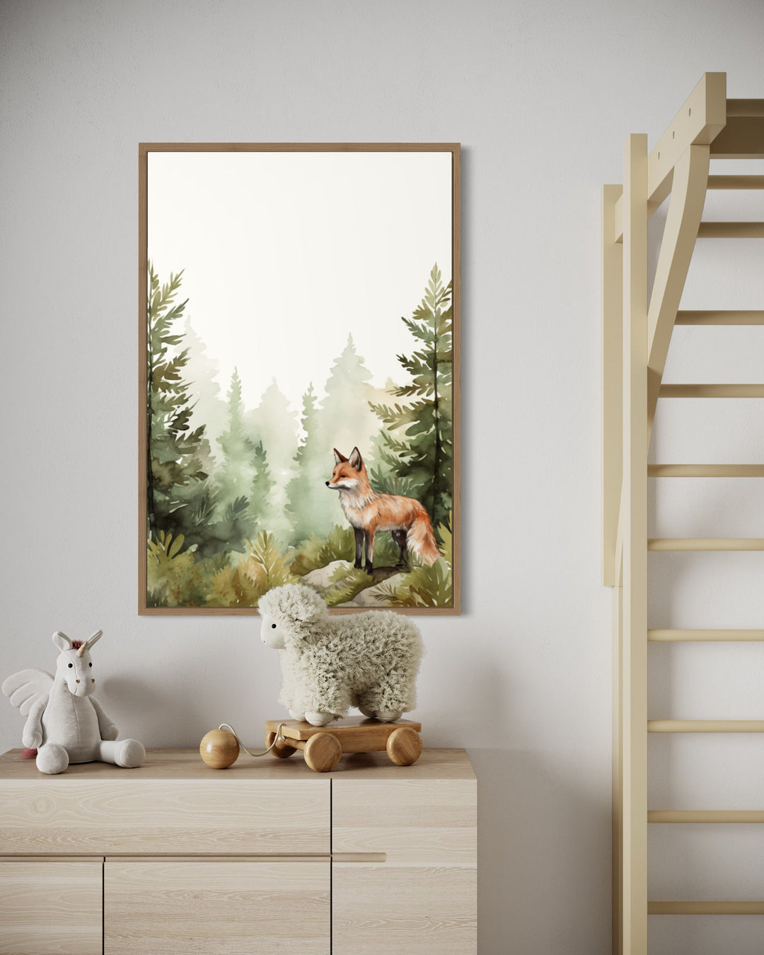 Fox In The Forest Watercolor Framed Canvas Wall Art in nursery