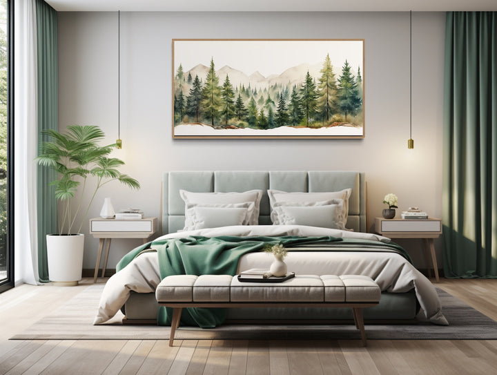 Sage Green Forest Mountain Landscape Framed Canvas Wall Art above bed