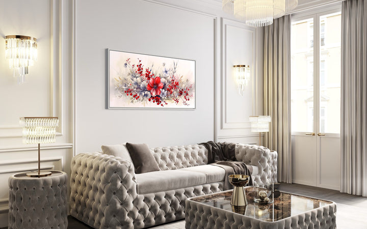 Beautiful Red Wildflowers Wall Art above white couch