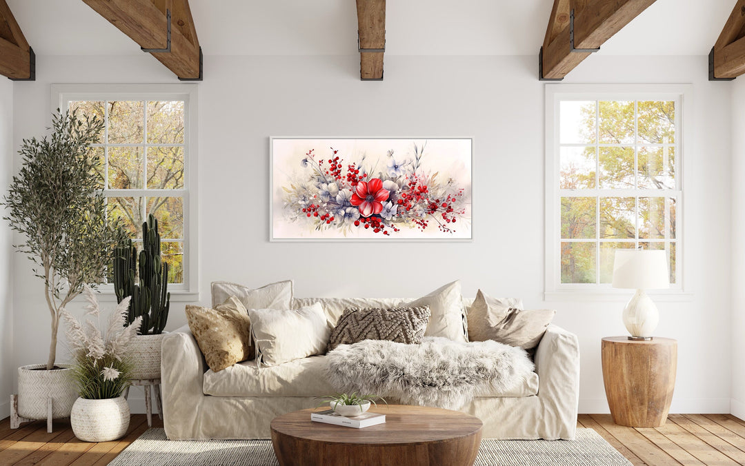 Beautiful Red Wildflowers Wall Art above beige couch