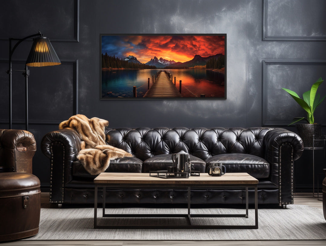 Lake And Fishing Pier Sunset Painting Framed Canvas Wall Art above black couch