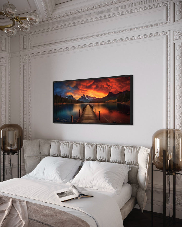 Lake And Fishing Pier Sunset Painting Framed Canvas Wall Art above bed