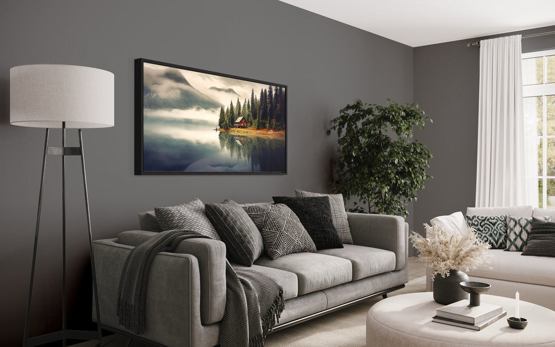 Mountain Cabin On The Lake Large Summer Landscape Framed Wall Art above grey couch