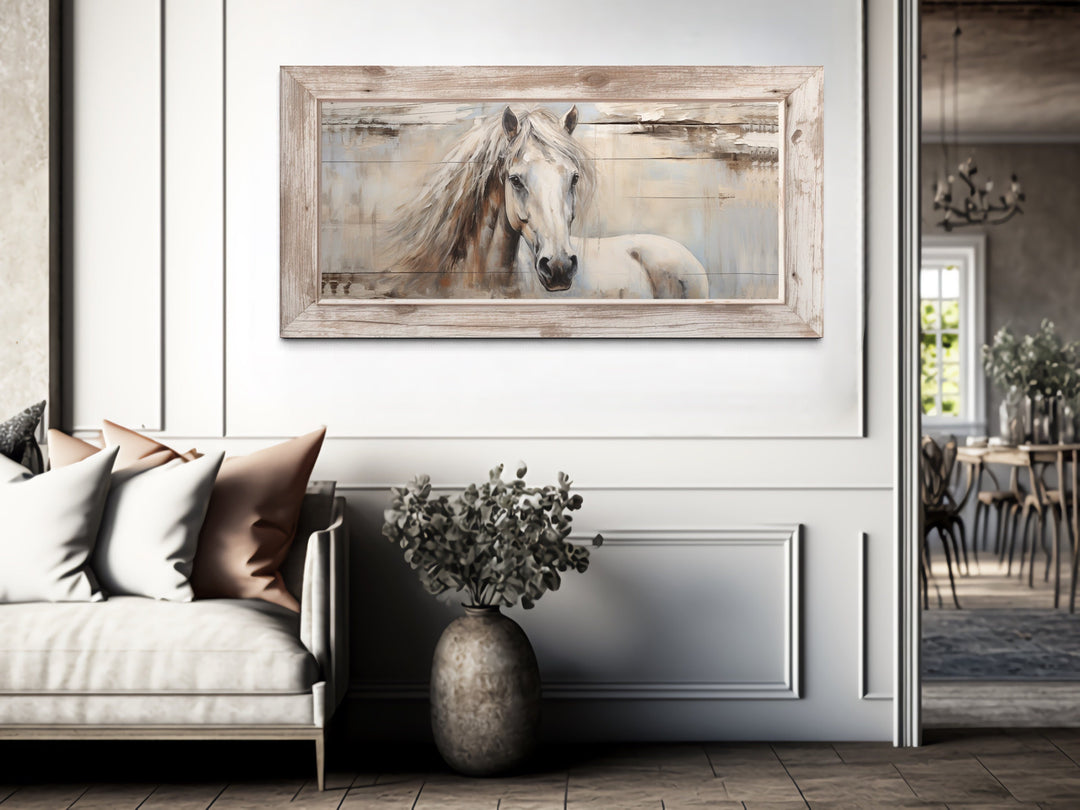 Rustic Farm Horse Painting On Distressed Wood Canvas in a living room with a couch