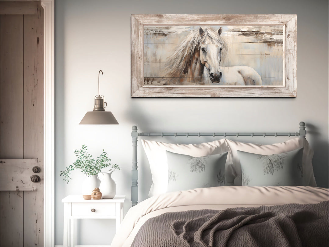 Rustic Farm Horse Painting On Distressed Wood Canvas in rustic bedroom
