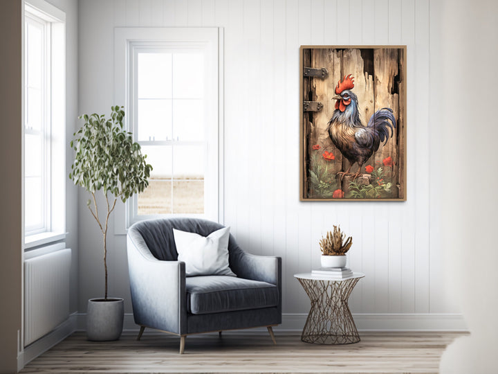 Rustic Rooster Painting On Distressed Wood Framed Canvas Wall Art in farmhouse