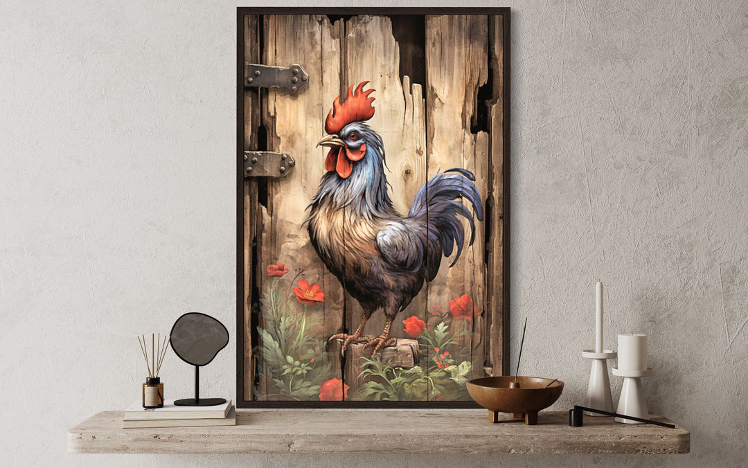 Rustic Rooster Painting On Distressed Wood Framed Canvas Wall Art close up