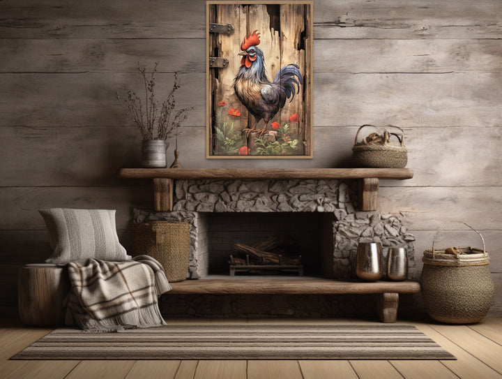 Rustic Rooster Painting On Distressed Wood Framed Canvas Wall Art