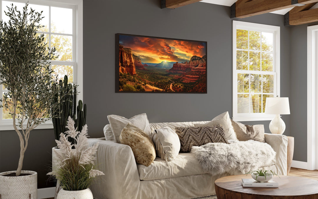 Sedona Arizona Sunset Landscape Framed Canvas Wall Art above beige couch