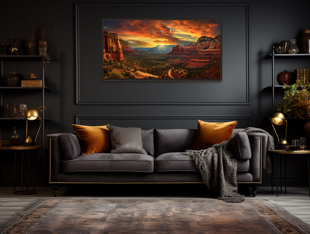 Sedona Arizona Sunset Landscape Framed Canvas Wall Art in dark room