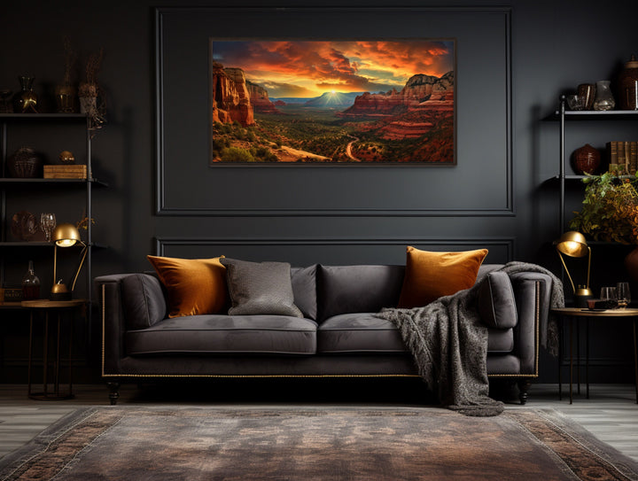 Sedona Arizona Sunset Landscape Framed Canvas Wall Art in dark room