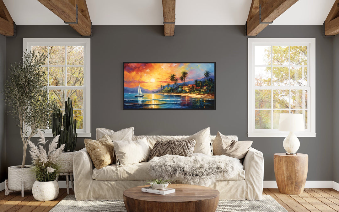 Jamaican Sunset Beach With Sailboat Framed Canvas Wall Art above couch