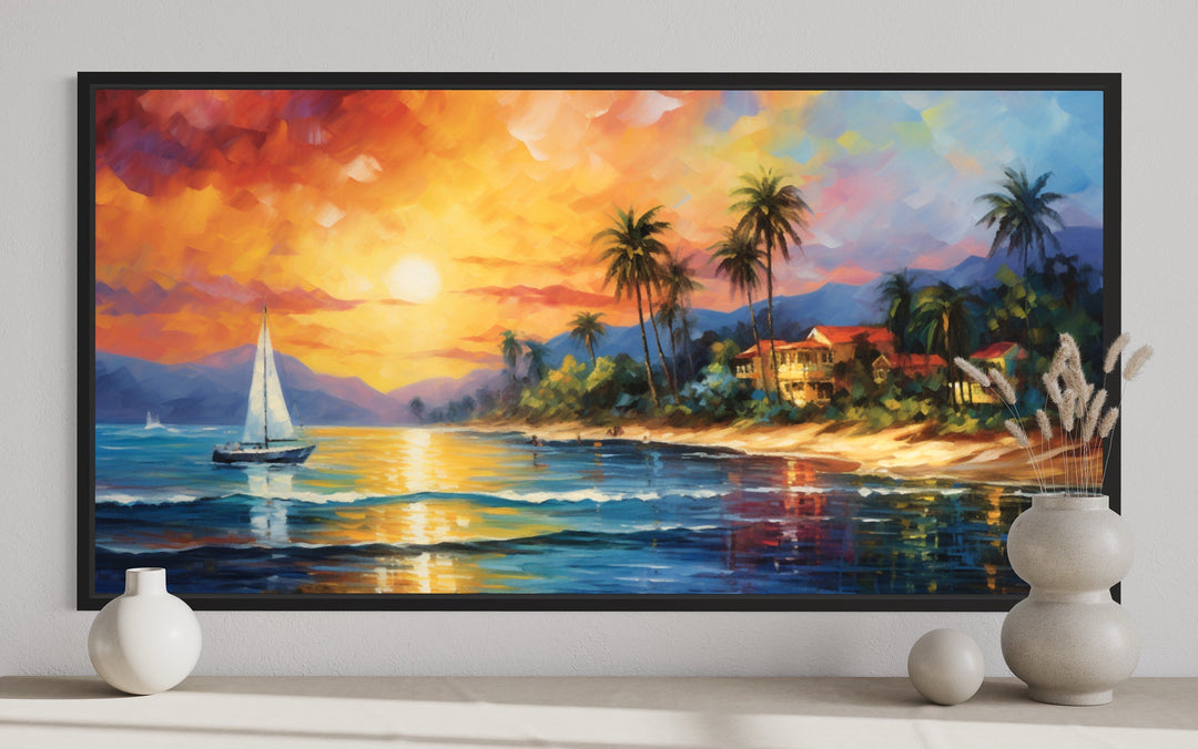 Jamaican Sunset Beach With Sailboat Framed Canvas Wall Art close up