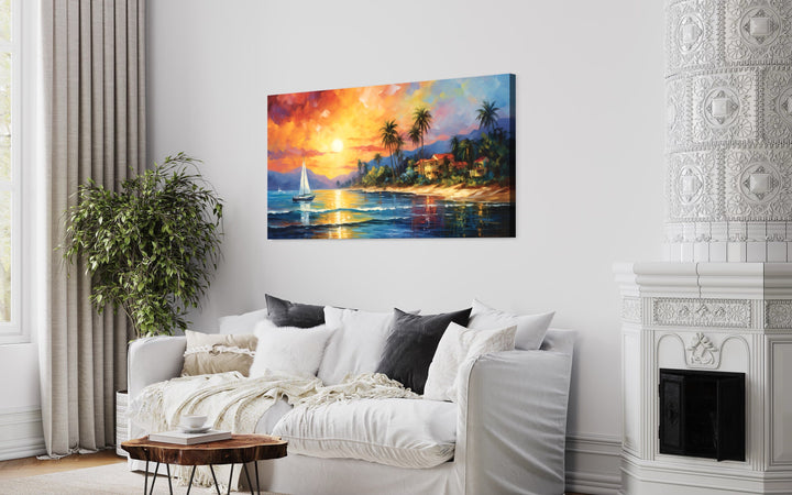 Jamaican Sunset Beach With Sailboat Framed Canvas Wall Art in living room