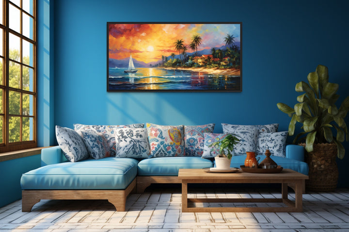 Jamaican Sunset Beach With Sailboat Framed Canvas Wall Art