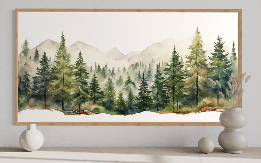 Sage Green Forest Mountain Landscape Framed Canvas Wall Art close up