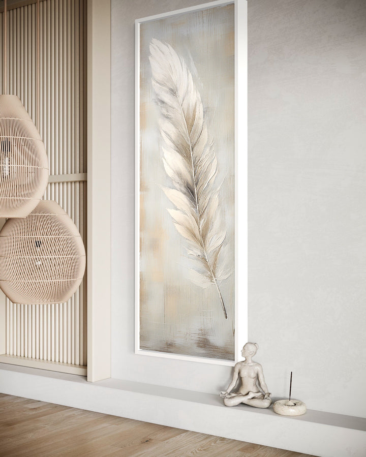 Feather Stained on Rustic Wood Farmhouse Tall Vertical Wall Art side view