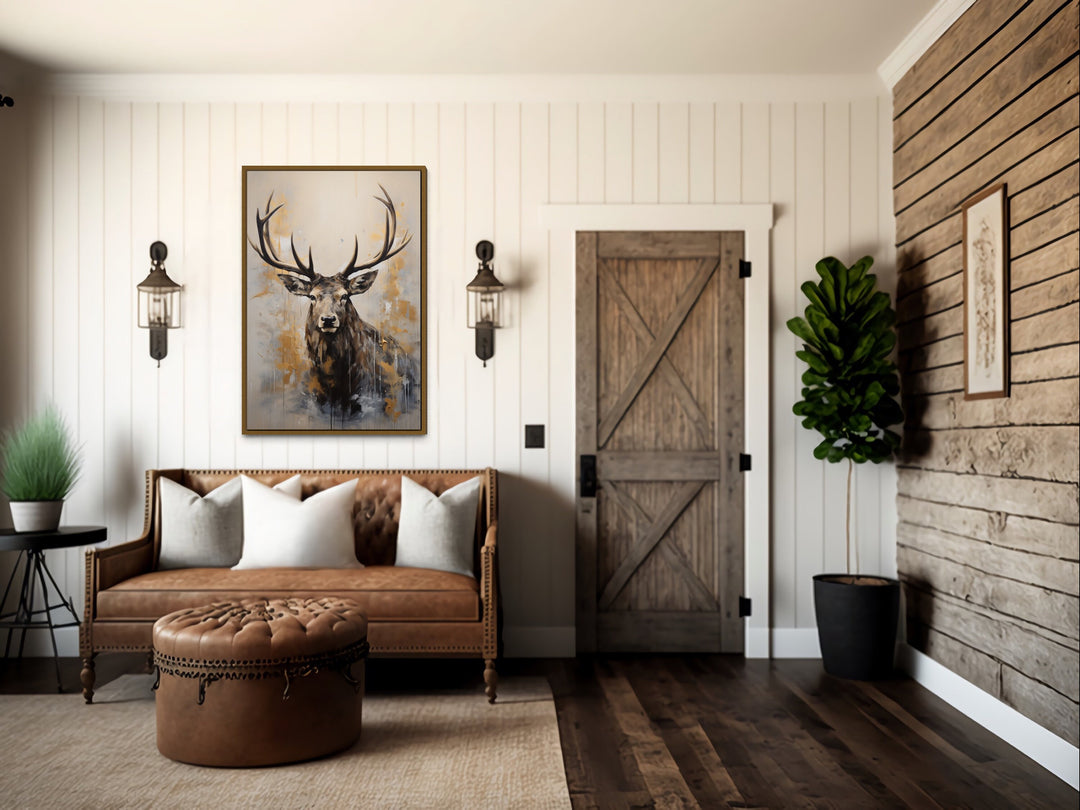 Elk Portrait Neutral Beige Gray Deer Canvas Wall Art in rustic home