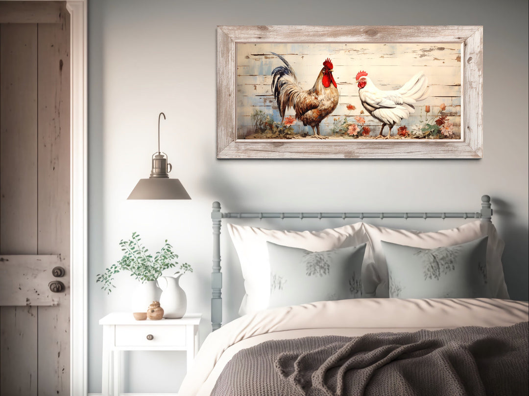 Rooster And Hen At Chicken Farm Farmhouse Wall Art above bed