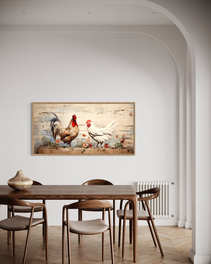 Rooster And Hen At Chicken Farm Farmhouse Wall Art in rustic kitchen