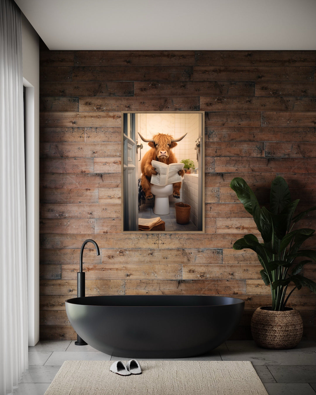 Highland Cow On The Toilet Reading Newspaper Wall Art in rustic bathroom