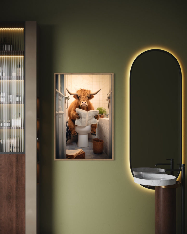 Highland Cow On The Toilet Reading Newspaper Wall Art